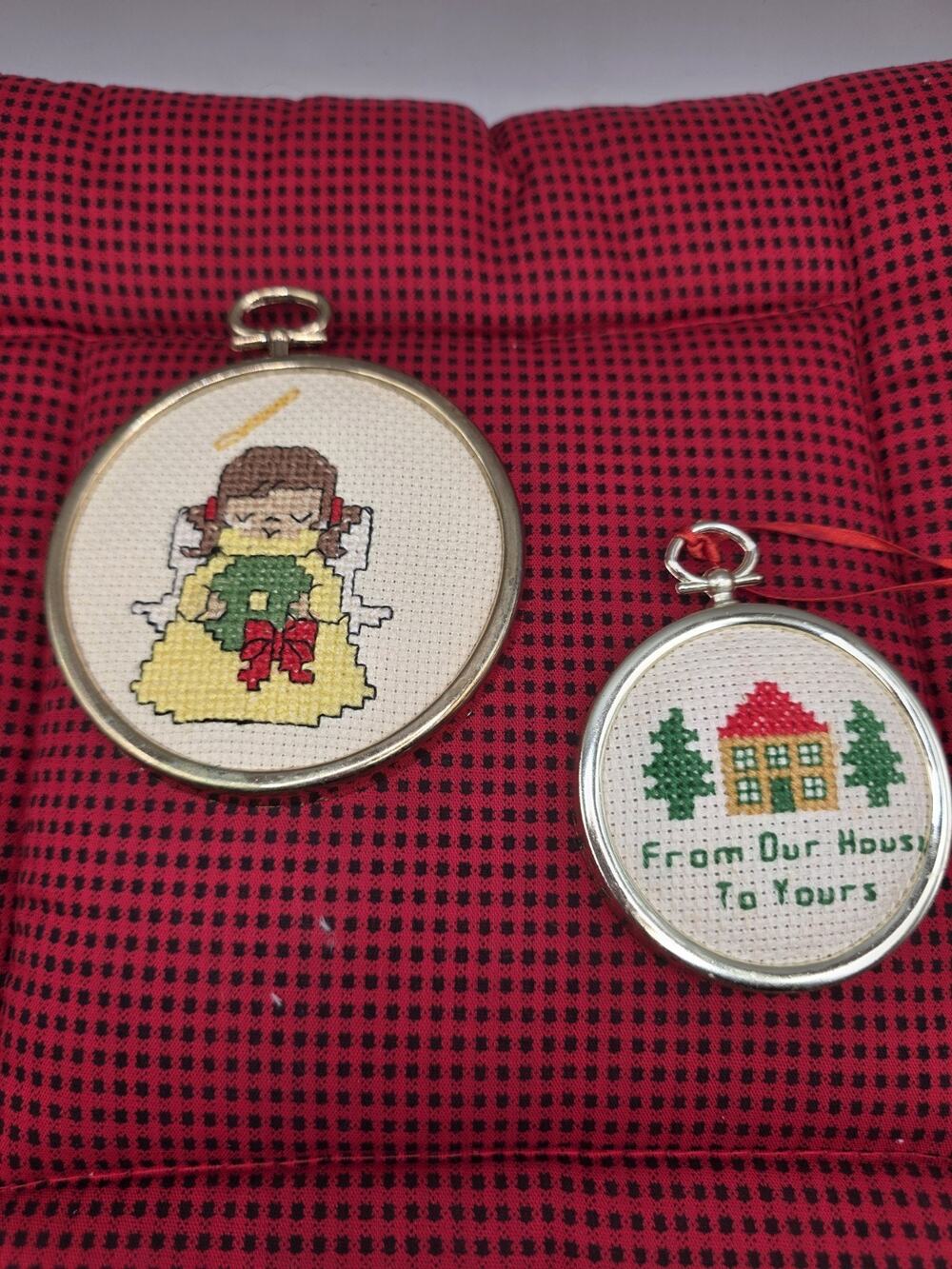 Vintage Finished Cross Stitch Christmas Ornaments Set 2 Angel House Hoop Frame